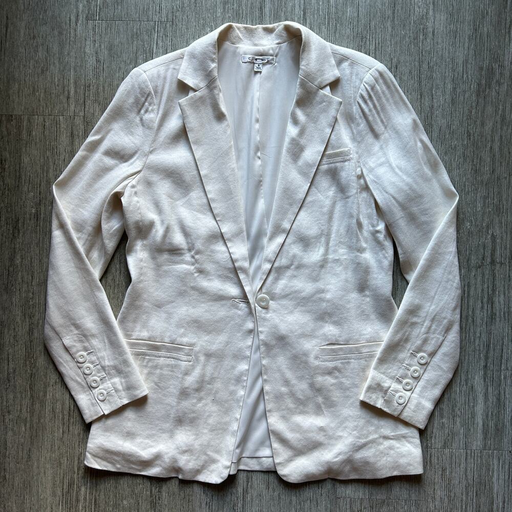CAbi Cream Single Button Welt Pockets Long Linen Blend Blazer Suit Jacket Size 8